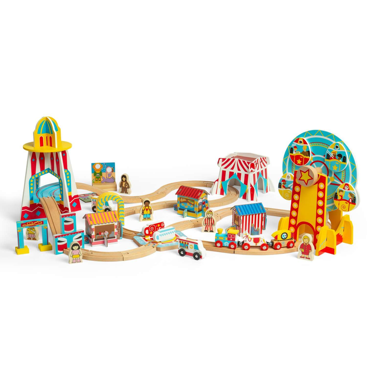 Bigjigs Rail Fun Fair Train Set, Juego de Trenes de Carnaval de 54 Piezas, Trenes y ferrocarriles de Madera sostenible para niños de 3+ años.