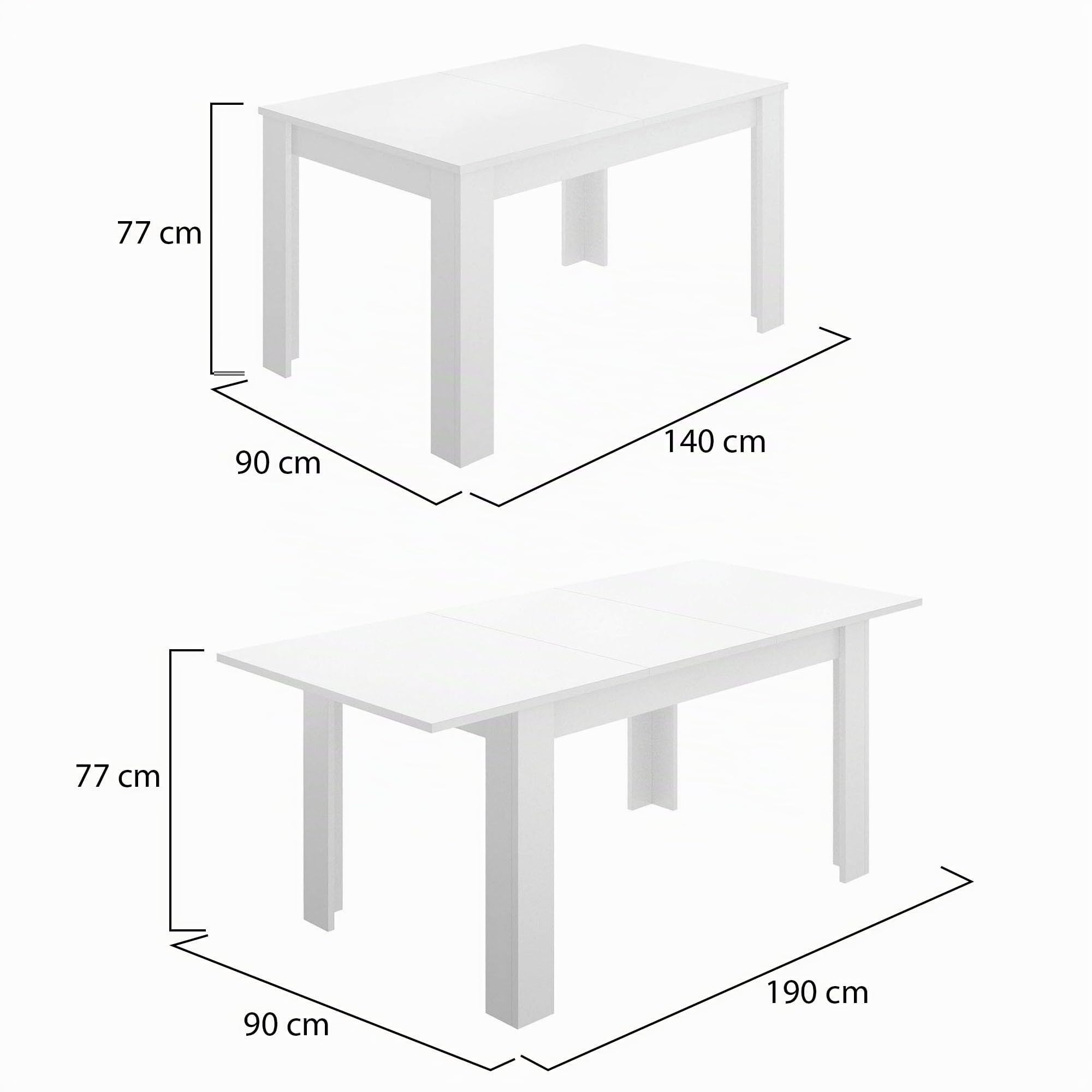 Dmora Tavolo da pranzo Allungabile Caladora, Bianco lucido in legno moderno cucina o soggiorno, Estensibile 6/8 Posti prolunga centrale, 140/190h77 cm