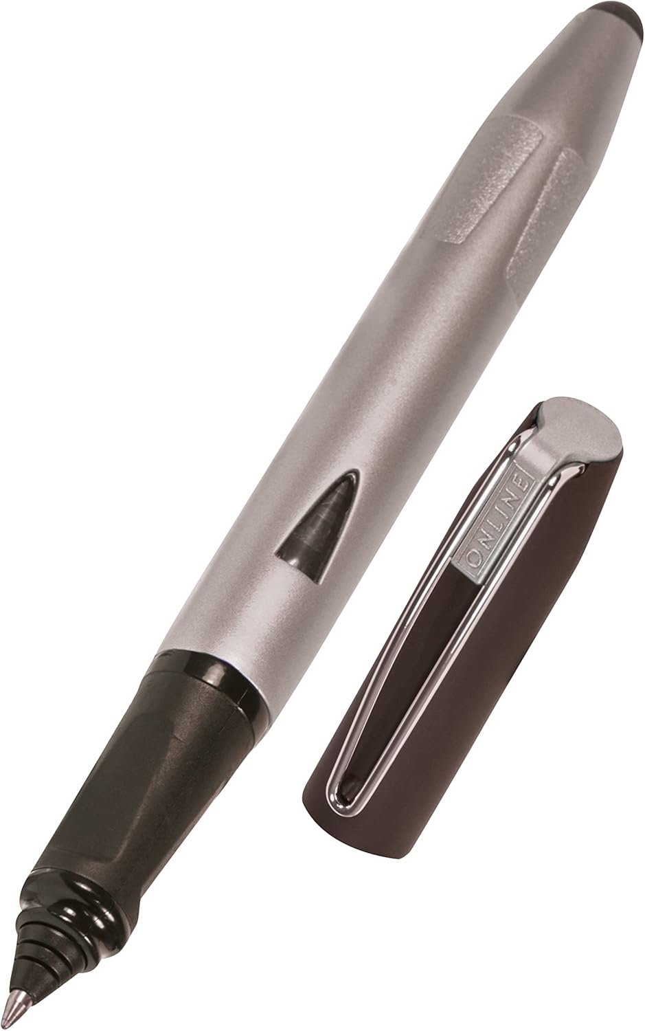 ONLINE Switch Plus Rollerball Pen and Touch Pen for Tablets and Smartphones in One, Multifunctional Pen for Office or Primary School, Standard Ink Cartridges, Silver, Rollerball Tip