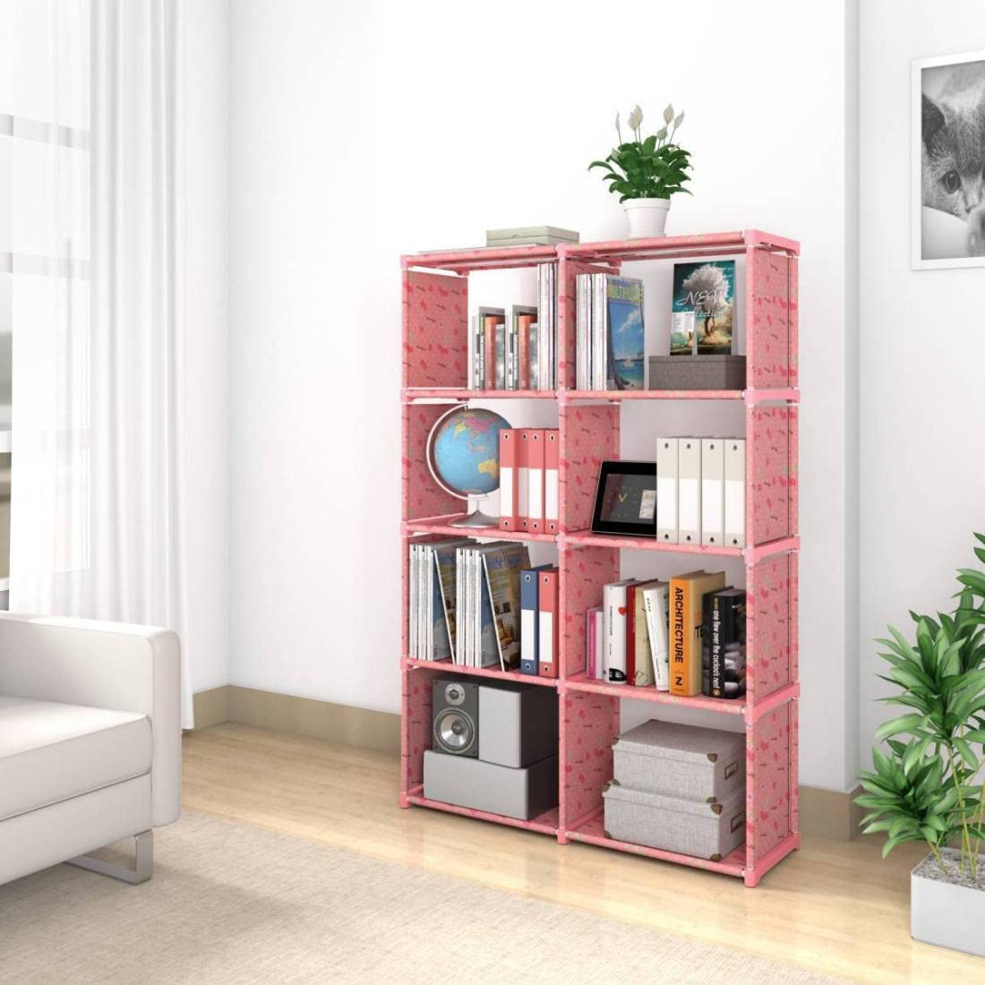 COROID Multipurpose Bookshelf| Alloy Steel Metal Storage Shelve for Books Storage Organizer Children Book Rack Bookcase for Home Furniture Cabinet Shelves for Bedroom Office. (8-Cherry-Pink)