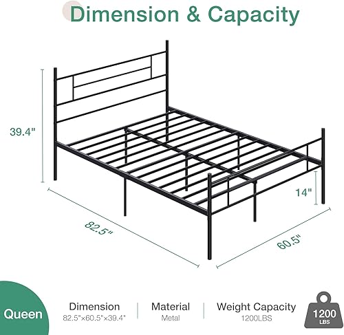 Miniatura 25 de Novilla - Base de cama con cabecera y estribo, plataforma de metal de 14 pulgadas con almacenamiento debajo de la cama, no necesita somier, soporte