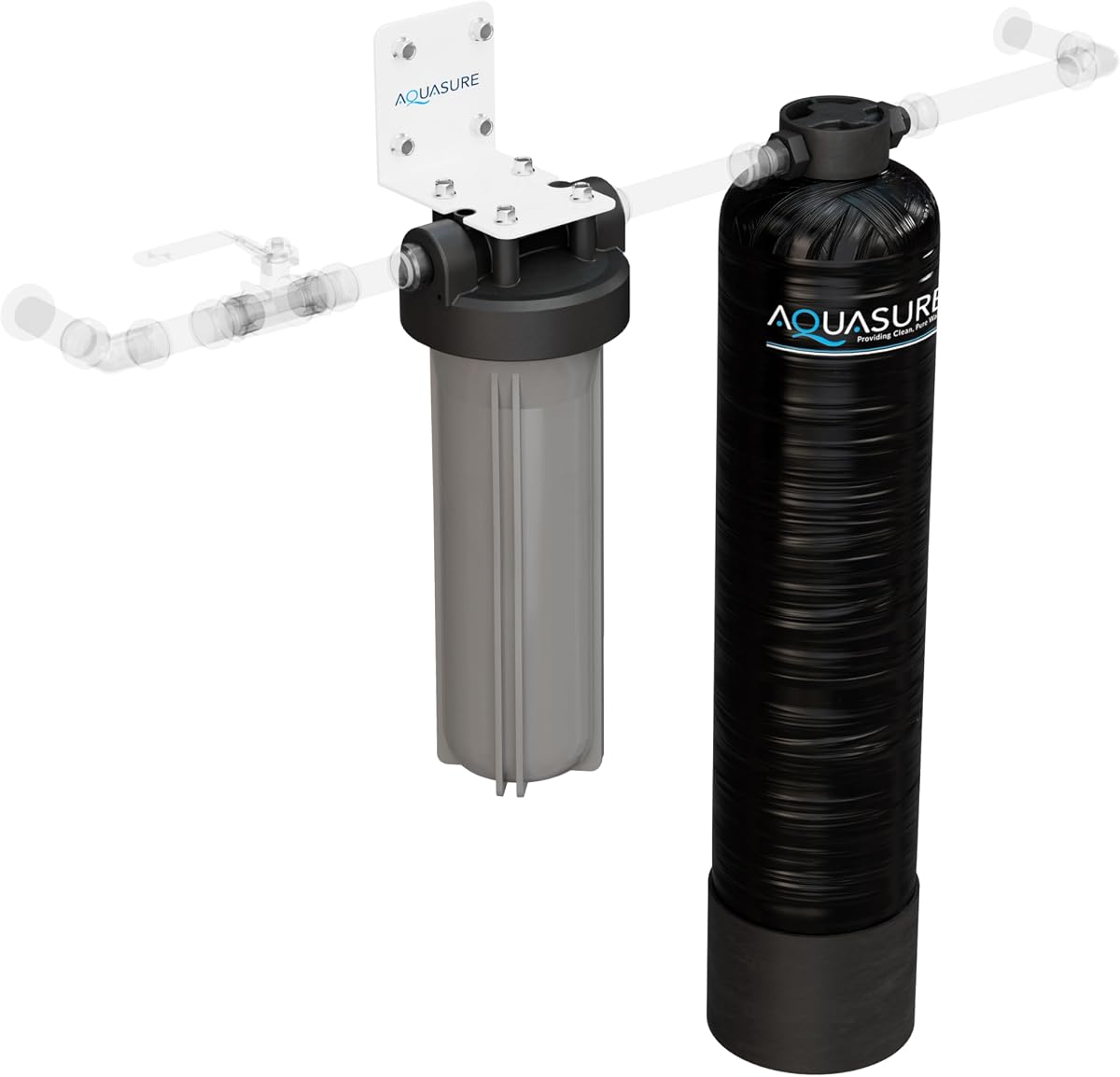 Aquasure Serene Lite Sistema descalcificador de agua sin sal para toda la casa con filtro de pretratamiento de triple propósito (sistema sin sal de 800,000 galones)