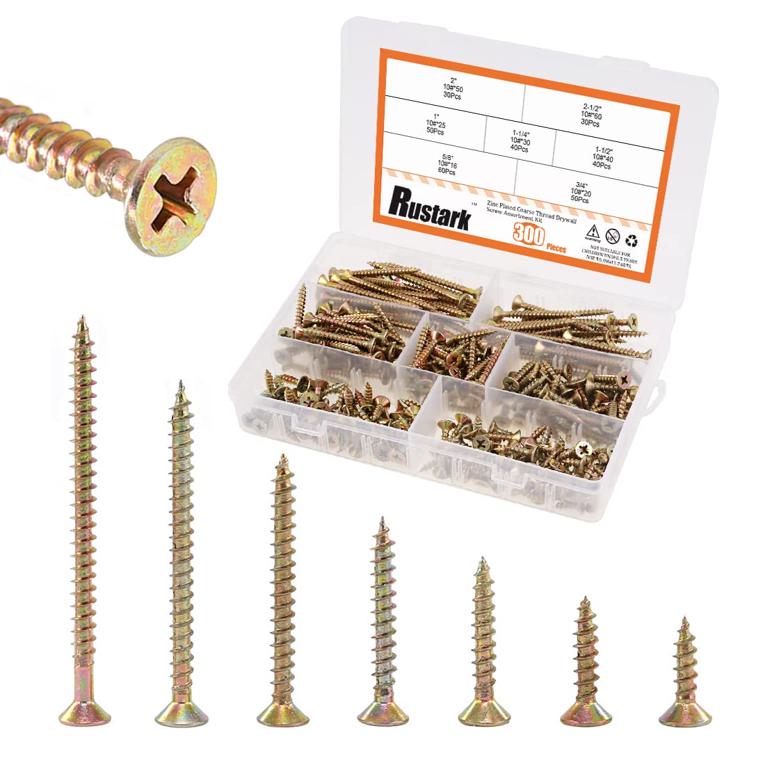 Rustark 300Pcs 7 Sizes #10 5/8'' to 2-1/2'' Zinc Plated Wood Screws Phillips Flat Head Chipboard Screws Assortment Kit for Drywall Sheetrock Woodwork