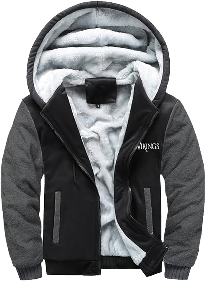 Men Fleece Thick Hoodie Viking Valknut Print Wool Zip Up Hooded Sweatshirts Autumn with Big Pockets Casual Outwear