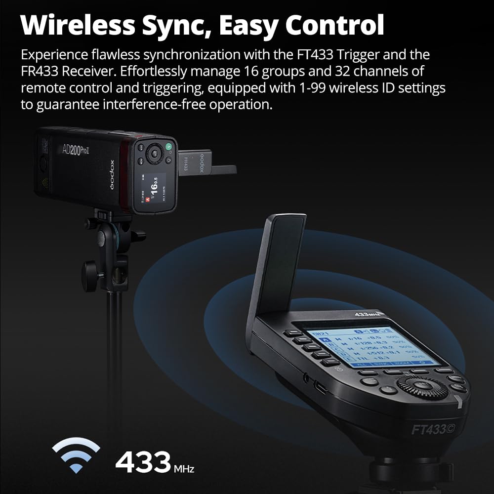 Godox FT433 N FT433-N TTL - Trigger flash wireless per fotocamere Nikon 433 MHz, 1/8000s, 0-100 m, schermo LCD, 32 canali, 1-99 ID, sincronizzazione anteriore e posteriore