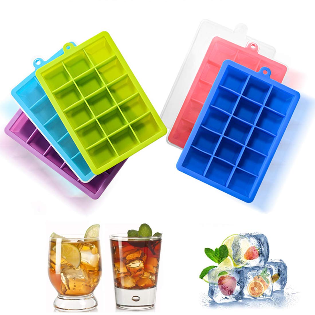Eiswürfelform Silikon 5 Stück Eiswürfel Form Eiswürfelbehälter Eiswürfelbereiter mit Deckel Ice Tray Ice Cube 15 Fächer, Kühl Aufbewahren