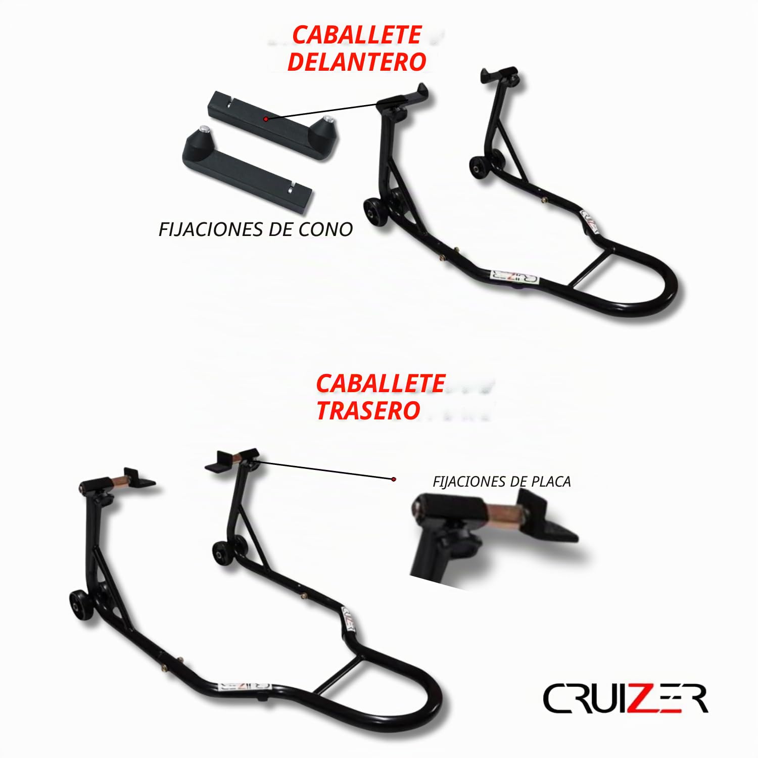 Cruizer – Caballetes negros para moto delanteros con enganches de conos y traseros con enganches de placas, ajustables con ruedas inferiores y barras de refuerzo laterales, carga total: 600 kg