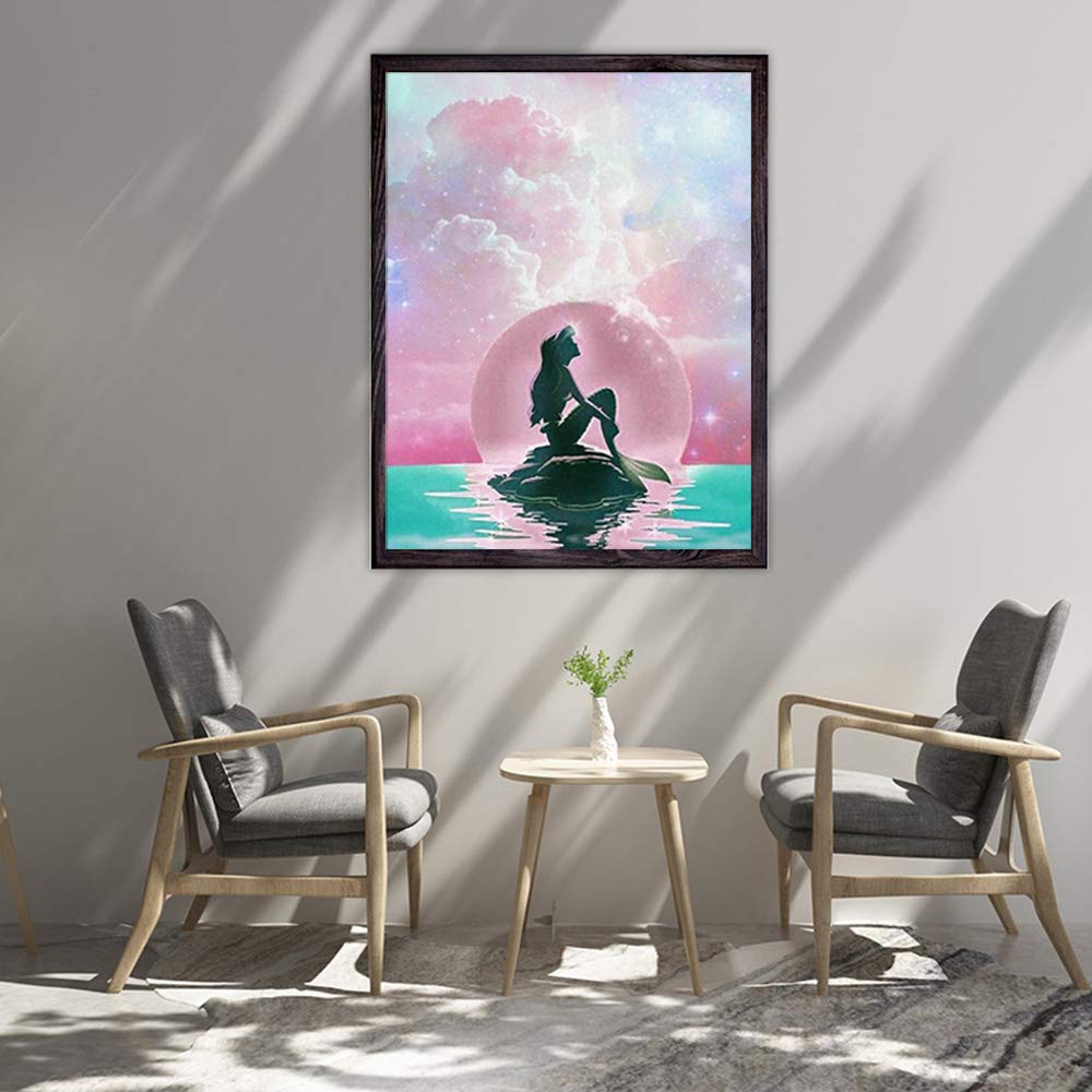 Plzoslly DIY 5D Diamond Painting Kit for Adult Kids Beginner, Mermaid Pattern Full Drill Round Diamond Embroidery Arts Painting by Number Kit for Relaxation, Home Wall Decor Gift