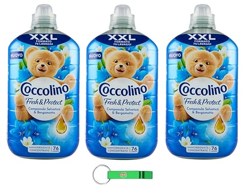 3 ammorbidenti Coccolino Fresh XXL Campanula selvatica e bergamotto, ammorbidente concentrato, 76 lavaggi, 1750 ml + portachiavi Beni Culinari
