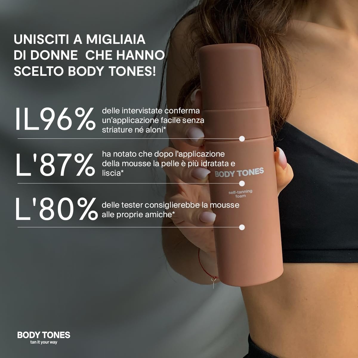 BODY TONES Schiuma Autoabbronzante Set 155 ml con Guanto – Autoabbronzante Corpo, Self Tan Naturale, Mousse Idratante
