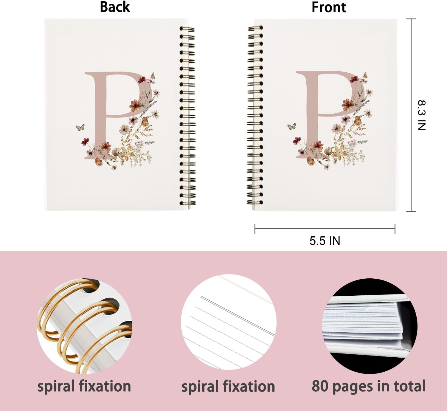 QUICQOD Initial Letter Pink Gifts P Personalized Spiral Notebook Journal, Cute Custom Notebook for Women Friends Teachers Nurses School Work Office, Preppy Pink Journal for Teen Girls, 5.5x8.3inch - Image 7