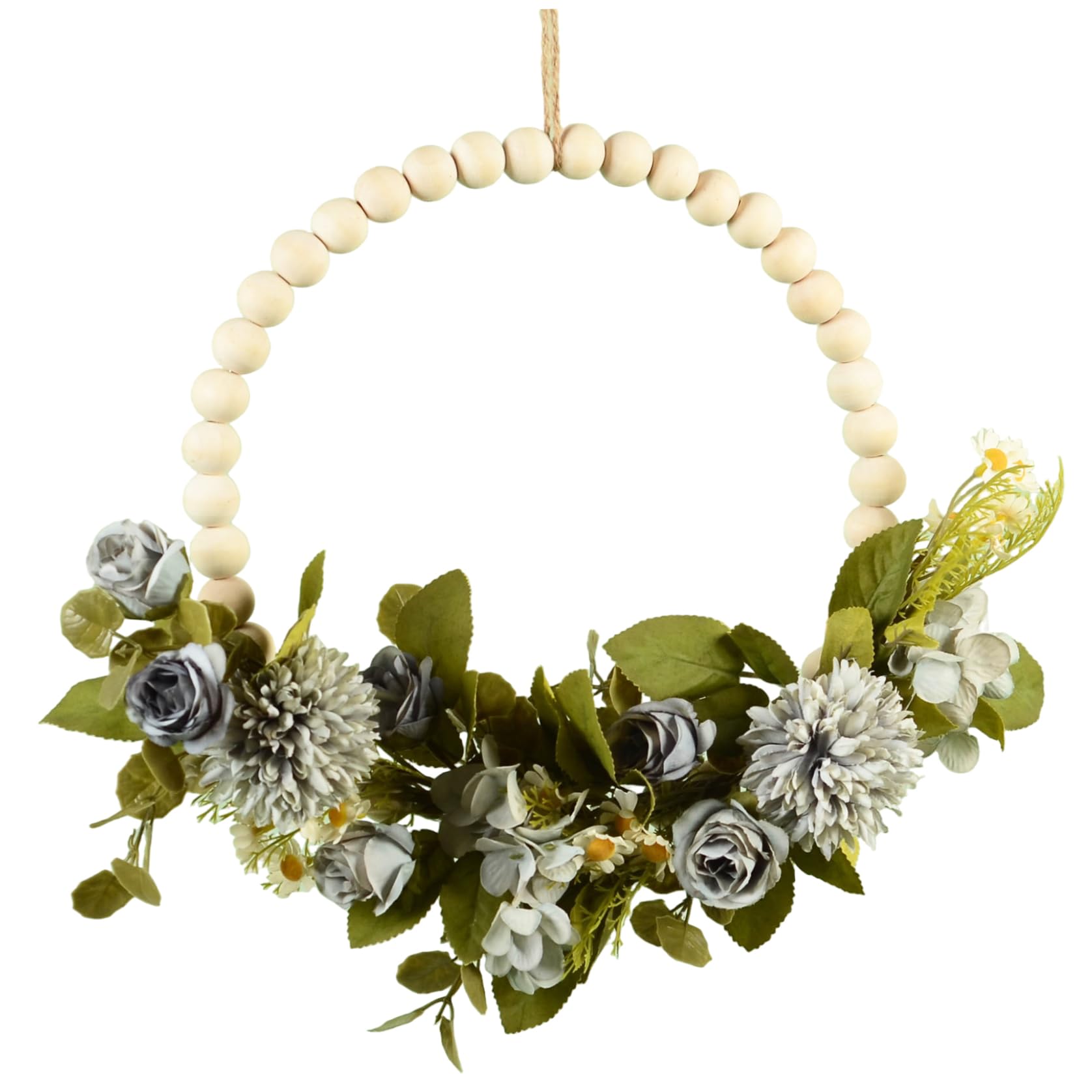 CAKEEYUM Wood Bead Wreath, Beaded Wreath with Artificial Flowers, Beaded Farmhouse Decor for Indoor Wall Window Wedding Home Decoration Wood Bead, Spring Wreaths for Fron
