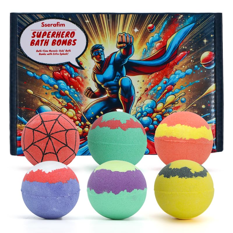 Superhero Bath Bomb Gift Set for Kids - Set of 6 Handmade Fizzies Moisturising Bubble Formula - Kids Bath Bombs - Bath Bombs for Boys - Perfect for Birthday Christmas Easter Halloween
