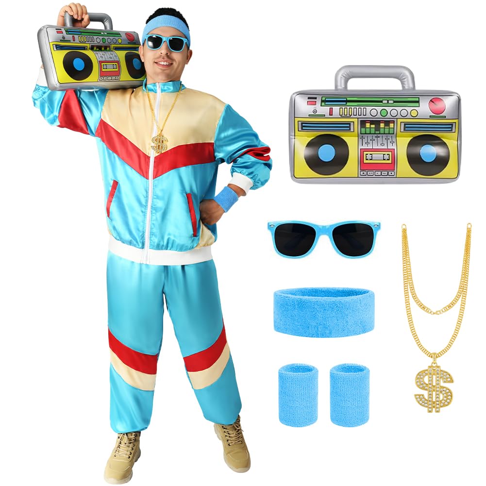 Aomig 80s Height of Fashion Shell Suit Costume, 80s Fancy Dress Men Women with Headband Wristbands, 1980s Disco Fancy Dress, 80s 90s Outfits Fashion Retro Tracksuit for Halloween Carnival Party(M)