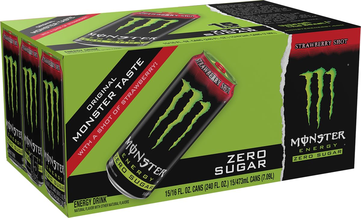 Monster Energy Zero Sugar Strawberry Shot, Green, Original, Sugar Free Energy Drink, 16 Ounce (Pack of 15)