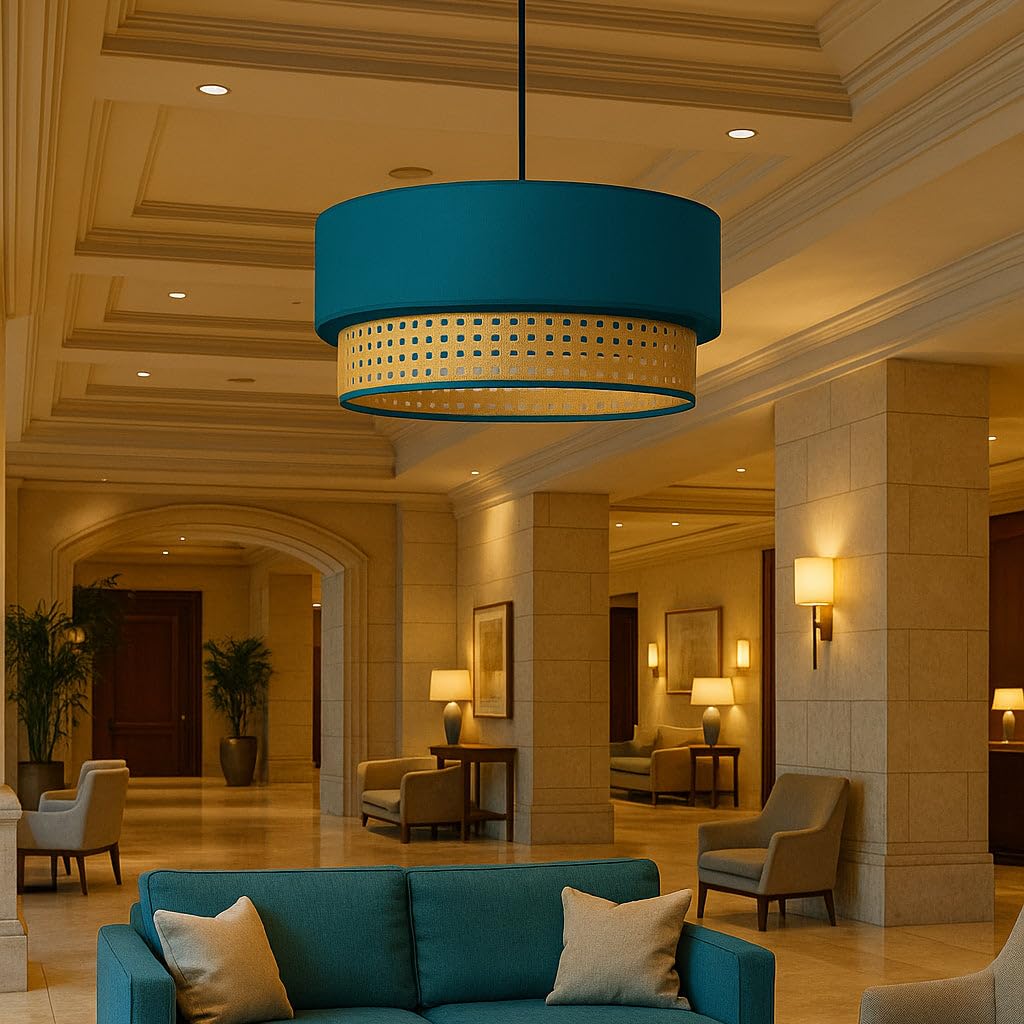 Ceiling Lamp with Dual Tier Rattan & Fabric Ceiling Lamp with Suspension Arrangement | Premium fabric with handwoven rattan weave, MS Powder coated frame structure, Blue finish | Suitable for Living-image-13