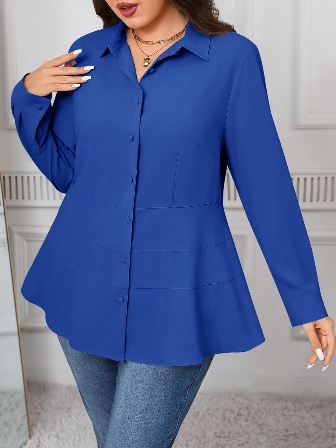 Beautife Women's Plus Size Blouse Dressy Casual Long Sleeve Button Down Shirts V Neck Slimming Peplum Tops - Image 2
