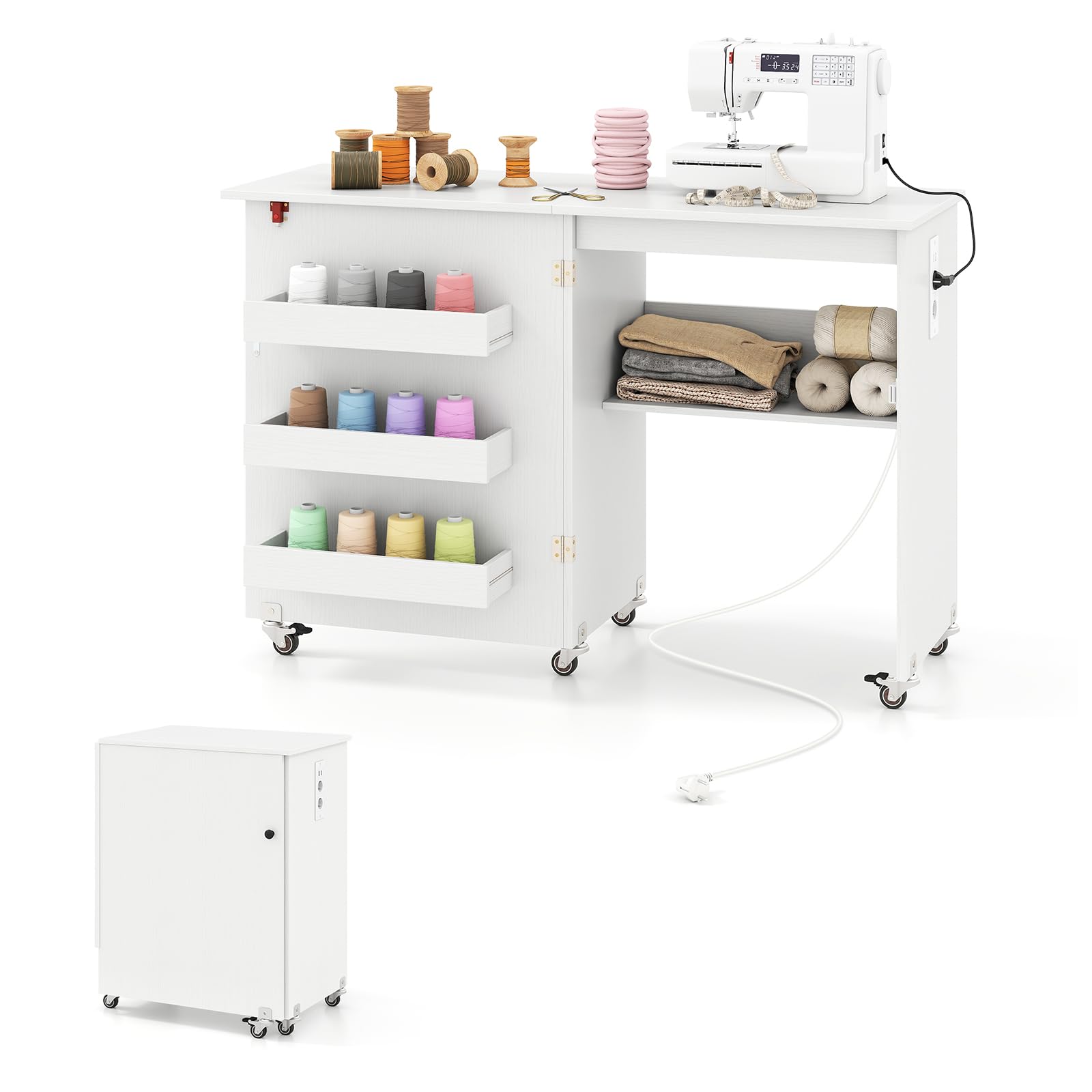 GIANTEX Armario de Costura Plegable con 5 Ruedas, Mesa de Coser con Estación de Carga, 3 Compartimentos y 1 Estante Abierto, para Dormitorio, Salón y Estudio (Blanco, 116x41x78cm)