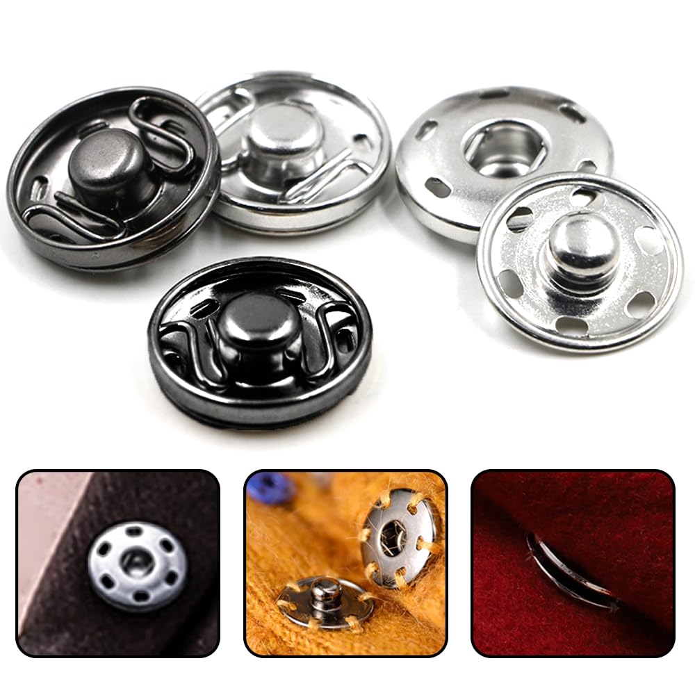 luckaide Drukknopen om aan te naaien, 100 stuks, 12 mm, 10 mm, 8,5 mm, 7,5 mm, zwart, zilver, drukknoppen van metaal met transparante doos voor kleding en stoffen naaien, portemonnee, handtas
