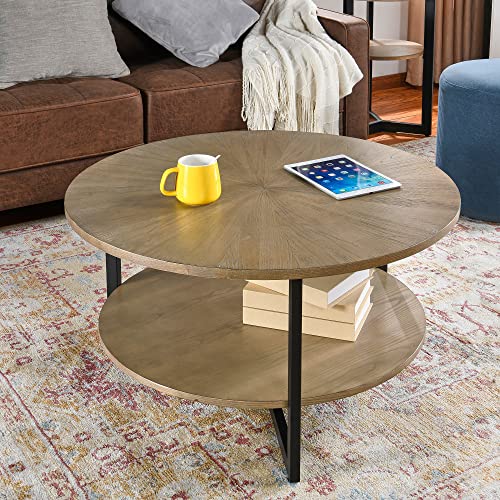 LEEMTORIG 33.5" Round Wood Coffee Table, 2-Tier Circle Round Coffee Table with Storage for Living Room, Mid-Century Modern Style with Texture Surface, Yellowish Brown with Black Metal Legs, KFZ-1338 - Image 4