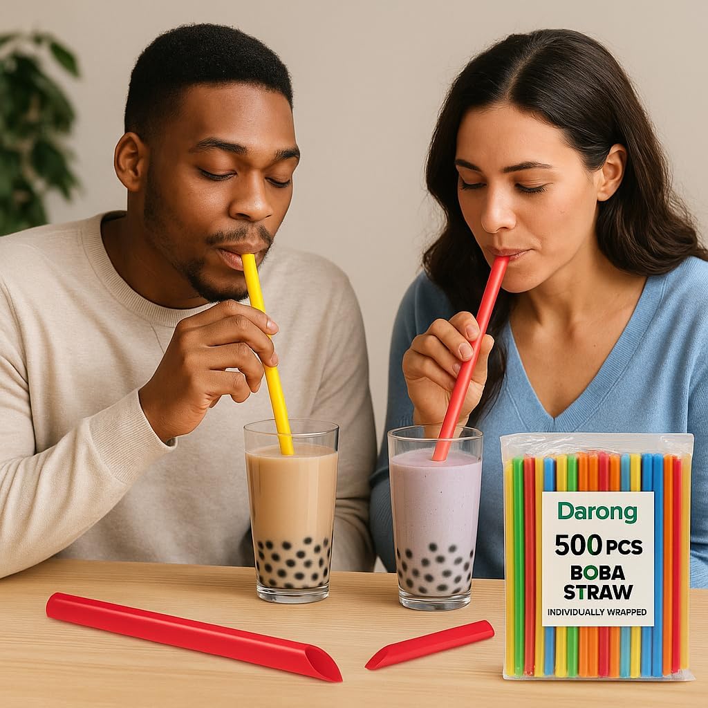 Darong 500 PCS Jumbo Drinking Straws, Individually Wrapped Disposable Plastic Straws, 0.43" Wide x 9" Long, Multi-Colored Smoothie Milkshake Party Straws in Bulk