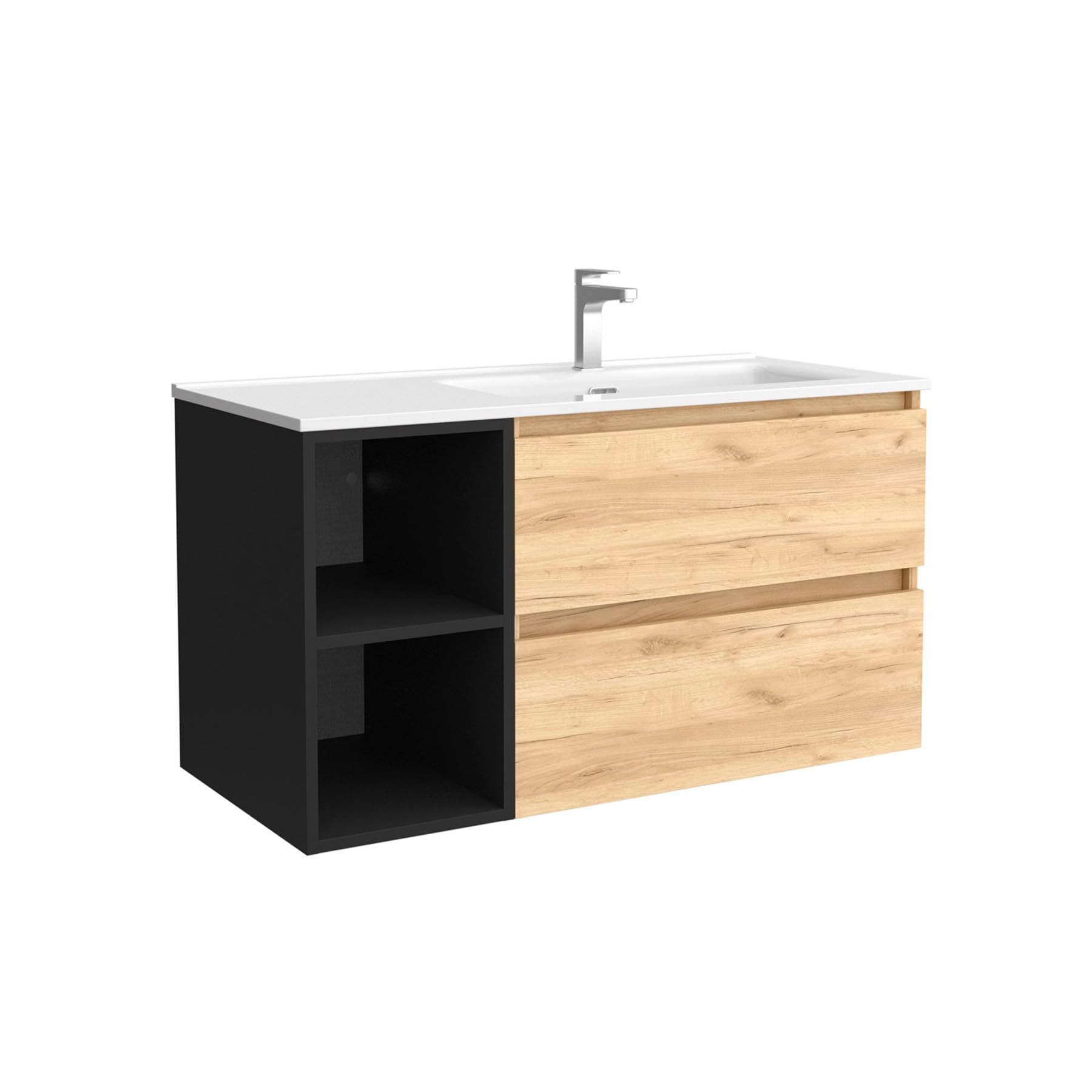 Salgar Mueble de Baño Bequia Plus 100 cm 2 cajones Roble y Coqueta Izquierda 2 Huecos Negro Mate con Lavabo Integrado