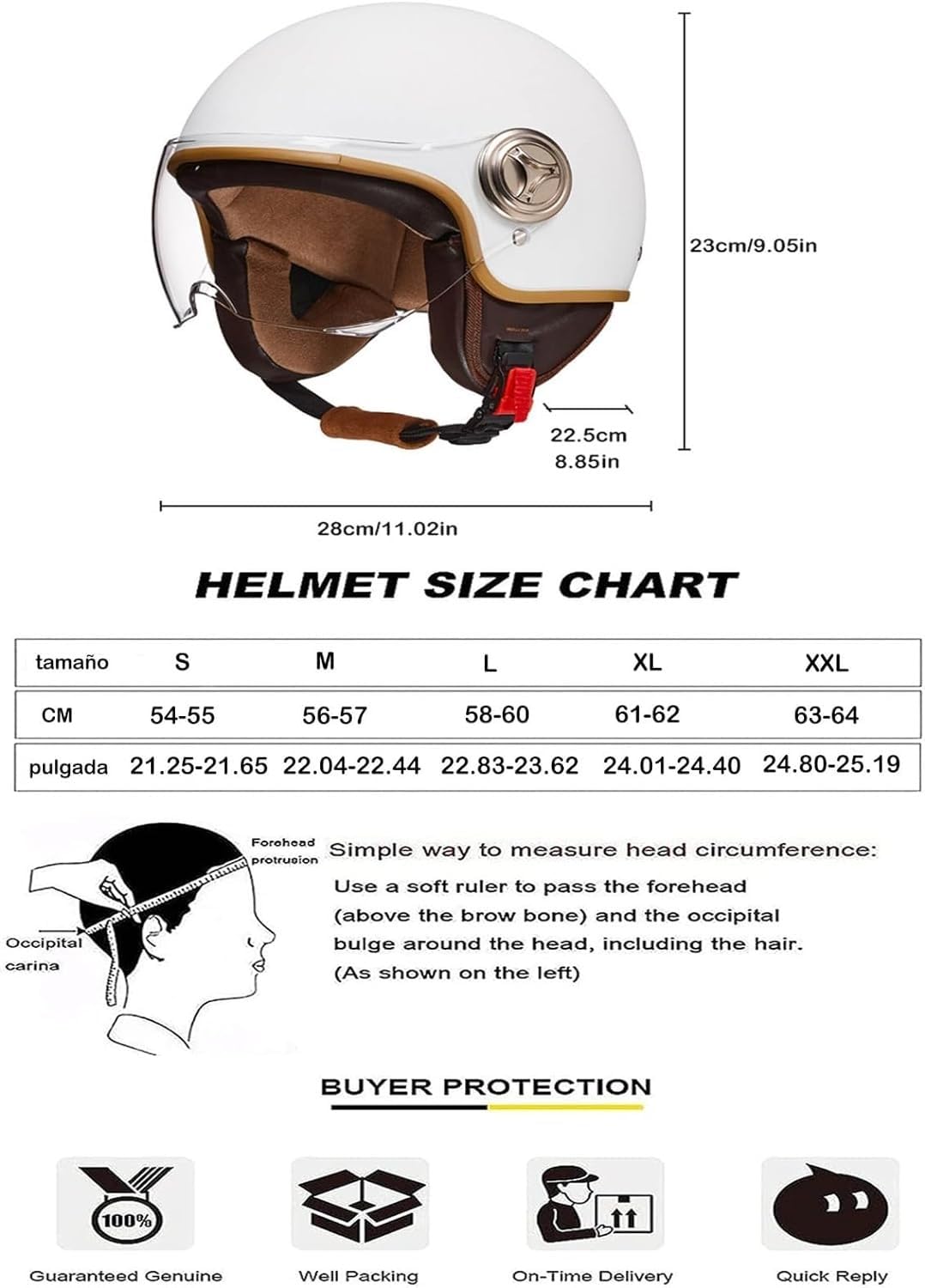 Retro-Motorradhelm Rollerhelm mit Visier offener halber Jethelm, Mopedhelm für Erwachsene Männer und Frauen DOT/ECE-geprüft A,M56-57CM
