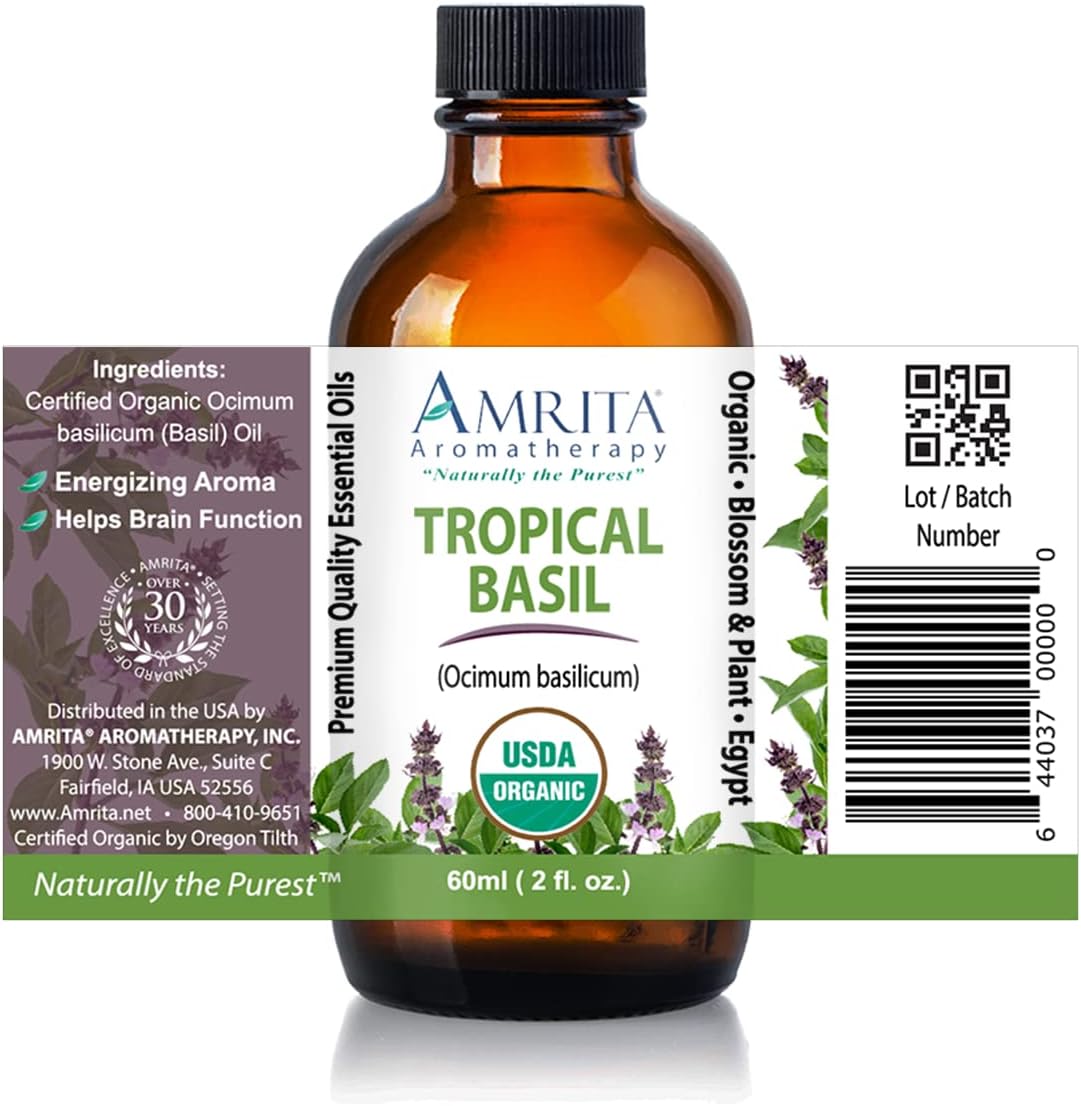 Organic Tropical Basil Essential Oil; 100% Pure and Undiluted Ocimum basilicum; Premium Quality Aromatherapy Oil; Tested and Verified, Size: 60mL (2 Fl. Oz.)