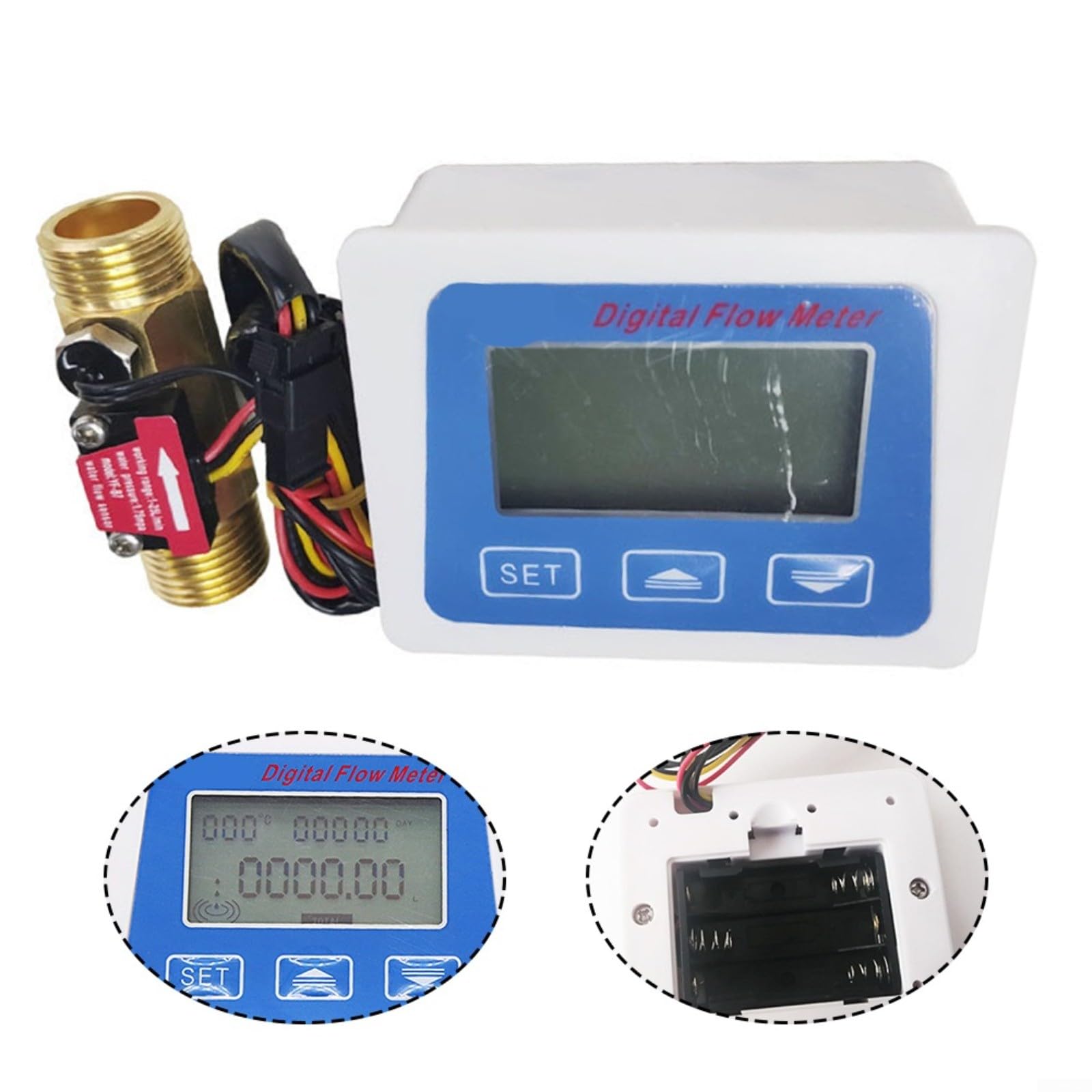 Contador de caudal digital LCD para control de agua, 1-25 l/min, G1/2 pulgadas, temperatura de -999 grados a 999 grados, salida de pulso, cobre