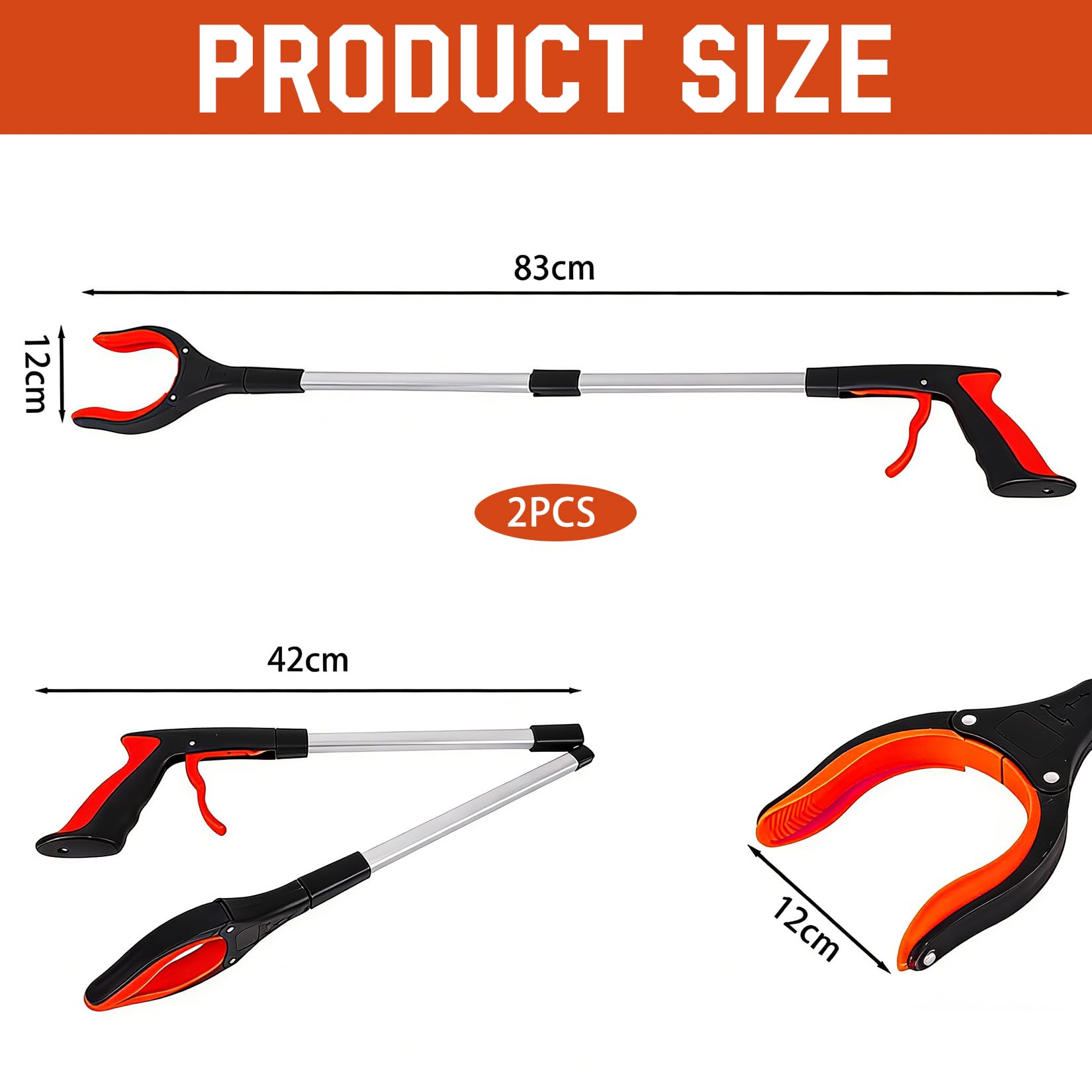 2 pinze da 83 cm per anziani con braccio magnetico e testa girevole a 360° telescopica pieghevole, pinza per la spazzatura (arancione)