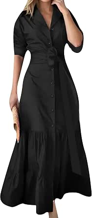 Women's Solid Color Button-Down Maxi Dress | 3/4 Rolled Sleeves, Side Slit, V-Neck, Polyester-Spandex, White Medium
