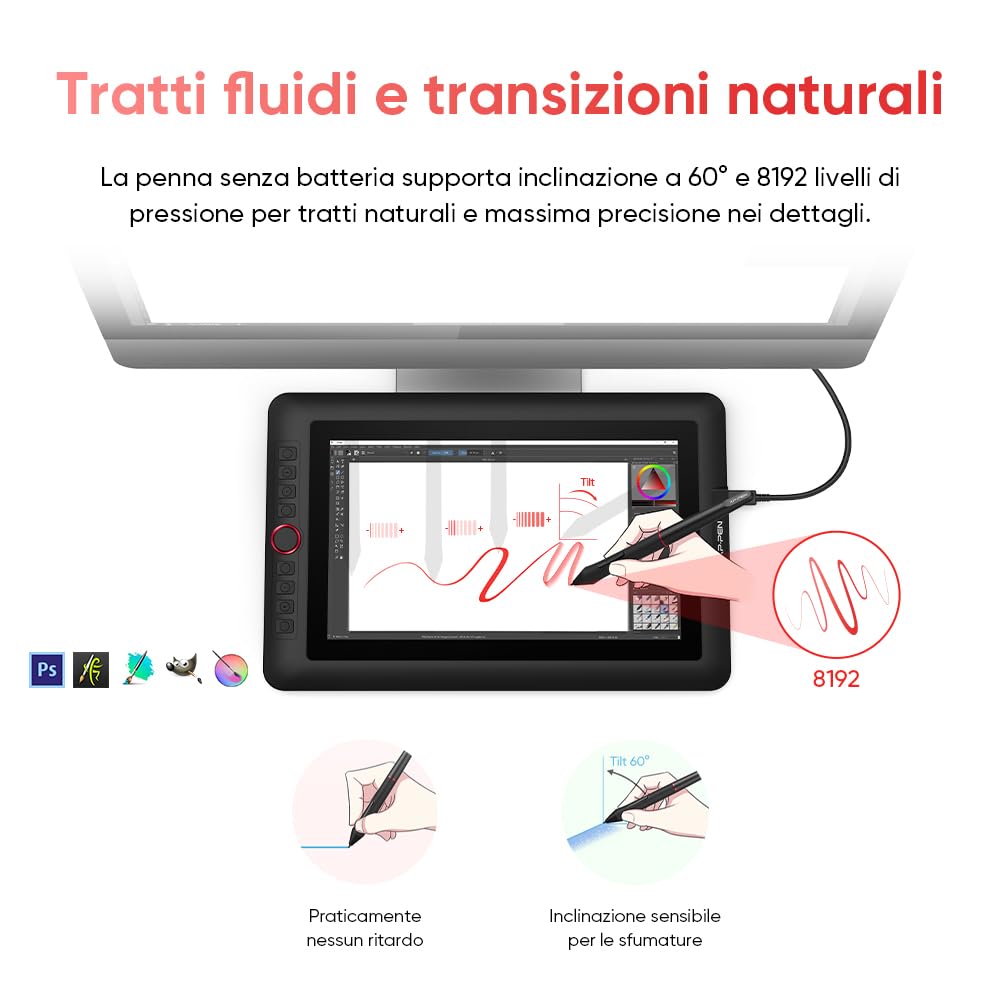 XPPen Artist 12 Pro Lite Tavoletta Grafica con Schermo da 11,6" completamente laminato, con 8 tasti rapidi e rotella, 8192 livelli di pressione, per disegno digitale, scrittura ed editing su PC
