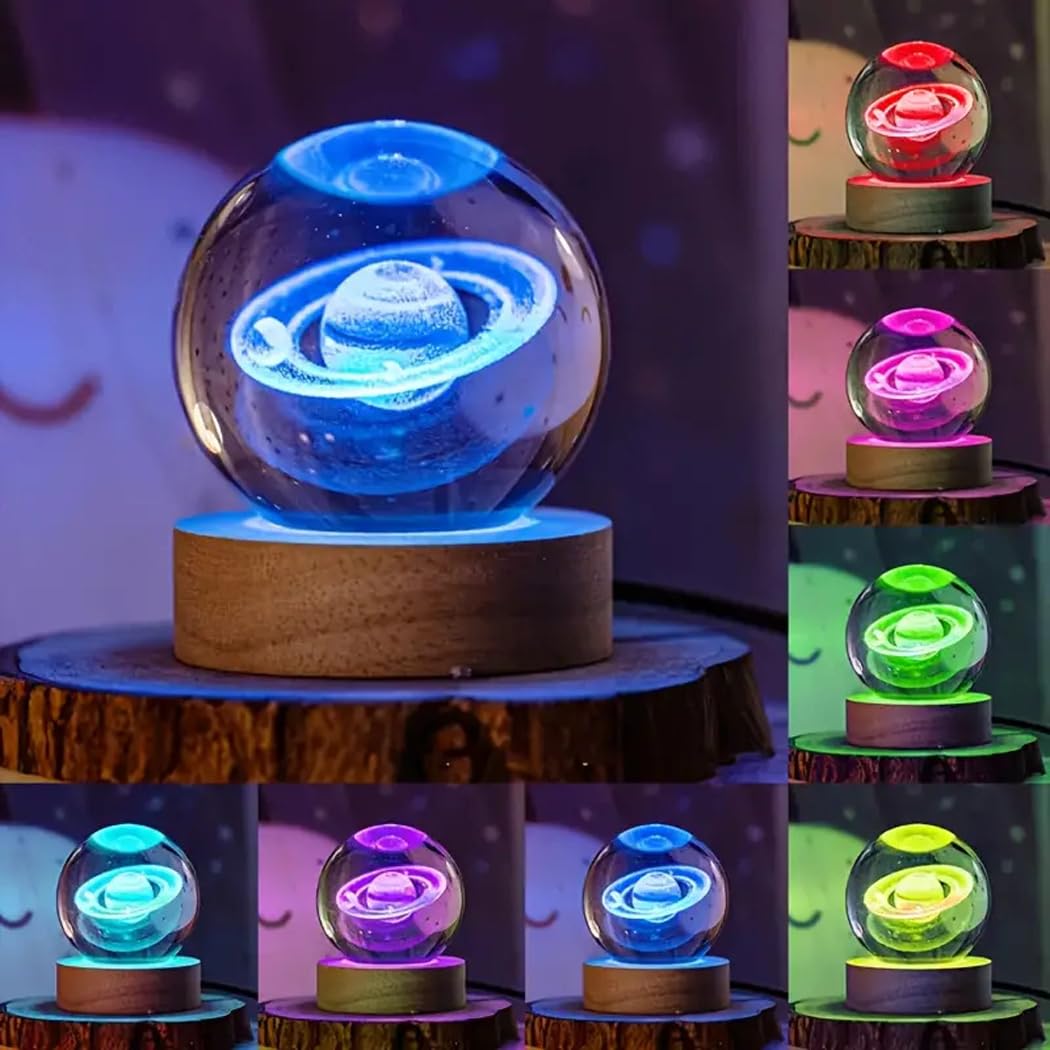 3D Saturn Crystal Ball Lamp - Saturn Crystal Ball Night Light, Automatic Color Changing, 3D Ball Night Light Lamp with USB Powered LED Wooden Base(16 Color Saturn)