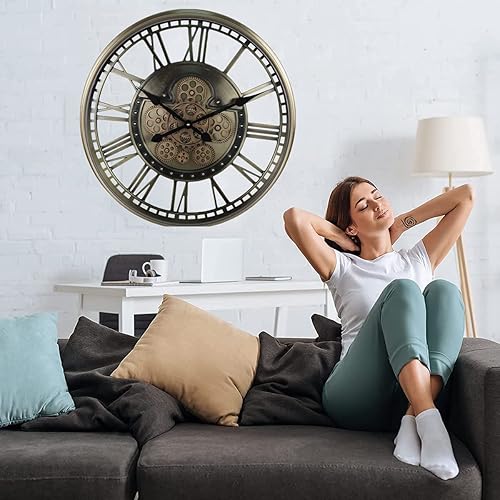 Miniatura 2 de VUCICA Real Moving Gear - Reloj de pared vintage, reloj de pared de metal industrial con números romanos, relojes silenciosos que funcionan con