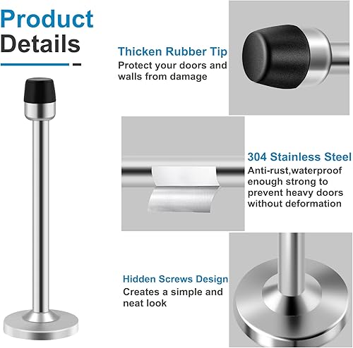 Miniatura 5 de Tope de puerta, tapón de puerta extra largo de 6 pulgadas, acero inoxidable, paquete de 10 topes de puerta de montaje en pared con punta de goma