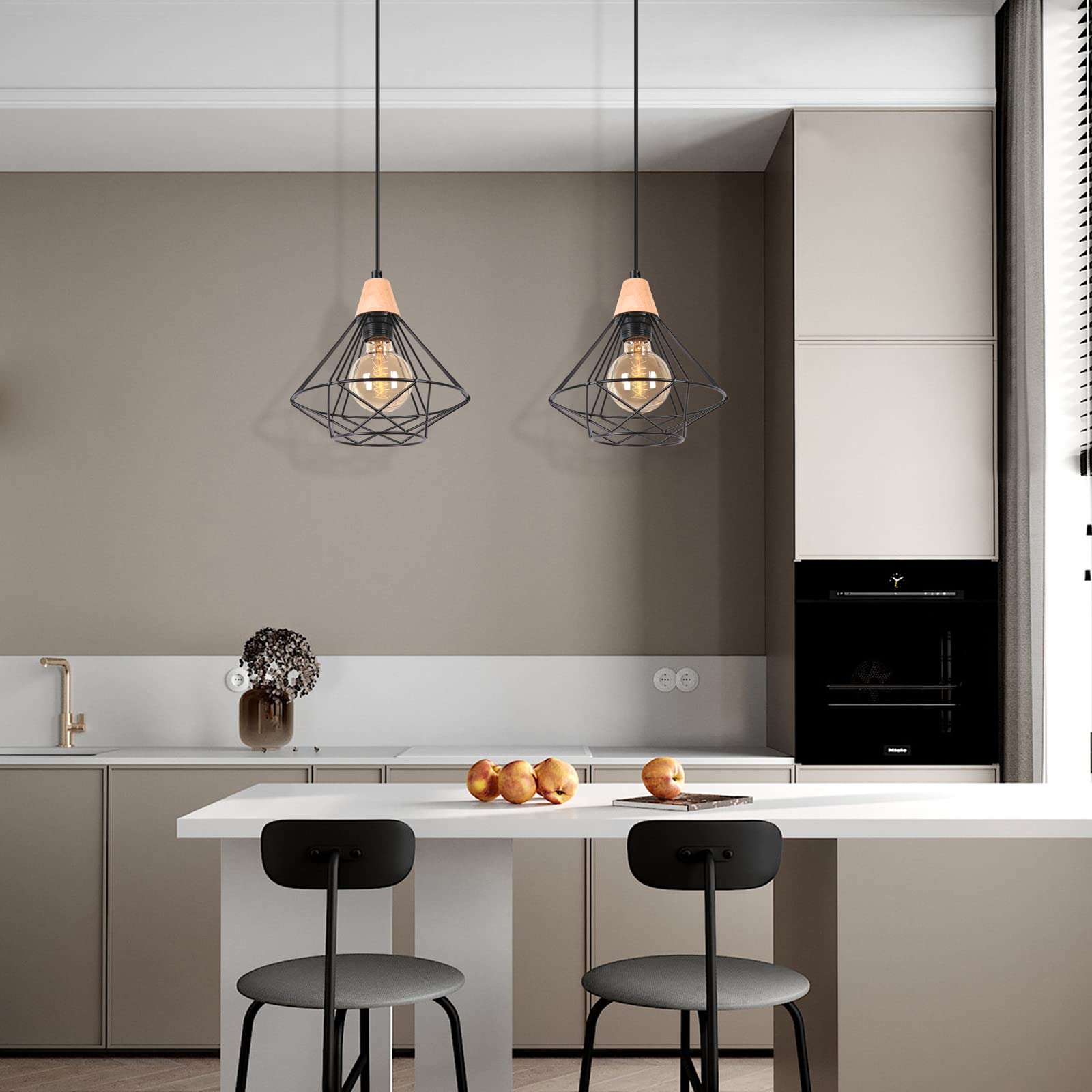 iDEGU 2 Luci Lampadario a Sospensione Vintage Industriale, Lampada da Soffitto in Legno e Metallo Nero Gabbia Geometrica 22cm Retro Lampada a Sospensione Interni per Camera da Letto Cucina (Piatto)