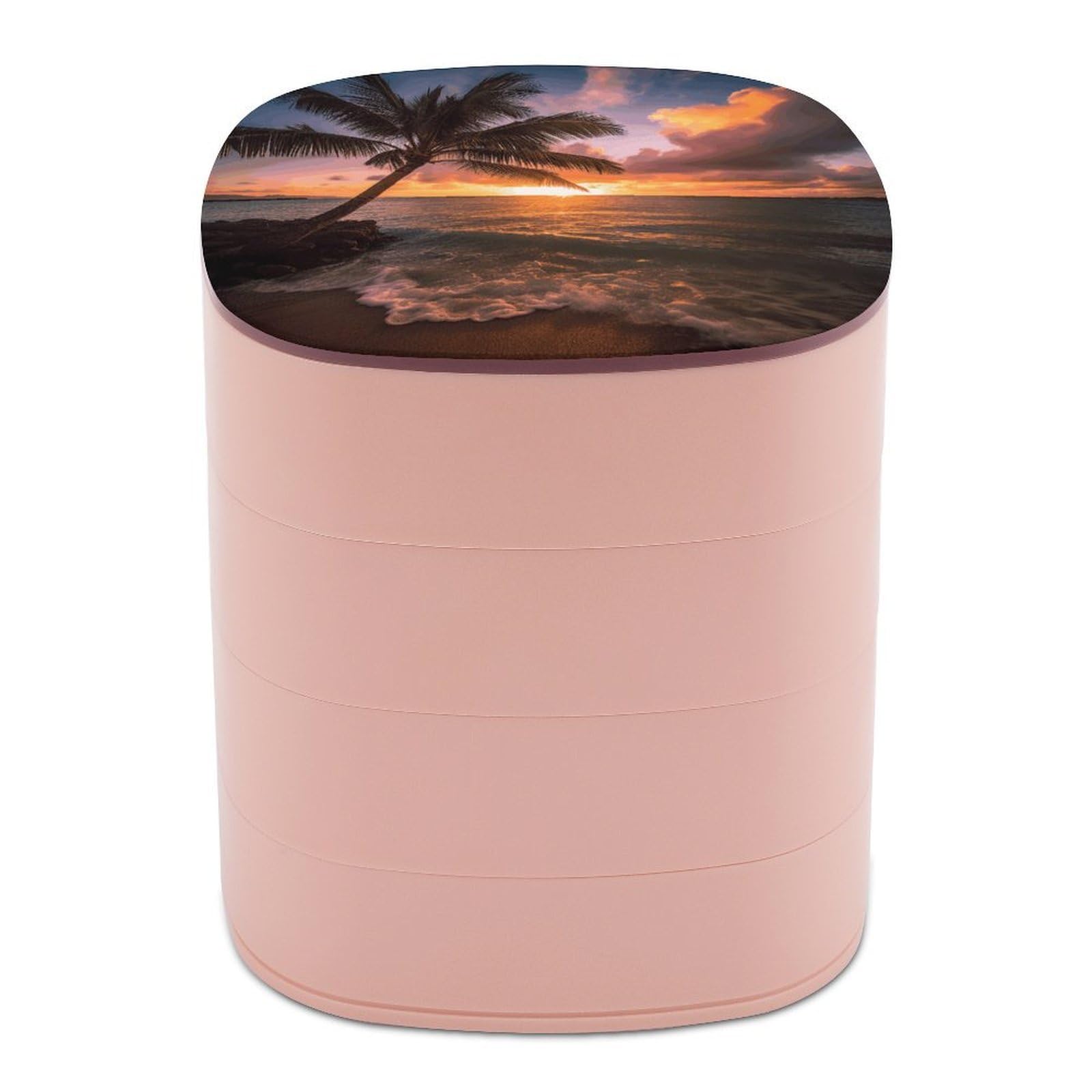 VstaDank Palm Tree Sunset Beach Jewelry Organizer Small Travel Earring Storage Box with Mirror 4-Layer Rotating Travel Jewelry Tray Case with Lid Large Capacity Jewellery Holder Case