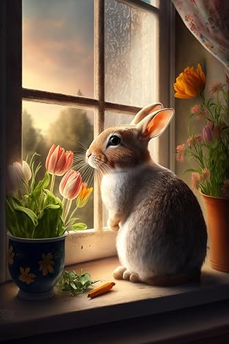 Kits de pintura de diamantes, tulipán, alféizar de ventana, conejo, pintura de diamante para adultos y niños, lienzo de diamante redondo prensado