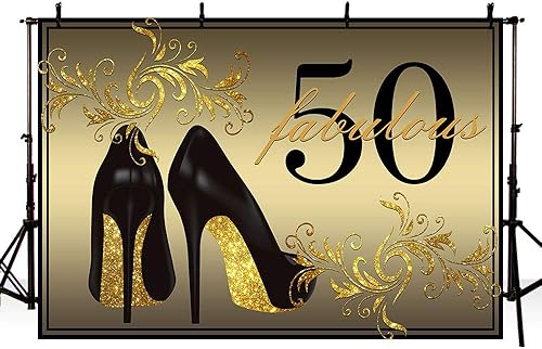 Fondo dorado para fotos de 50 tacones altos Champagne Woman 50th Happy Birthday Party Banner para fotografía de 8 x 6 pies