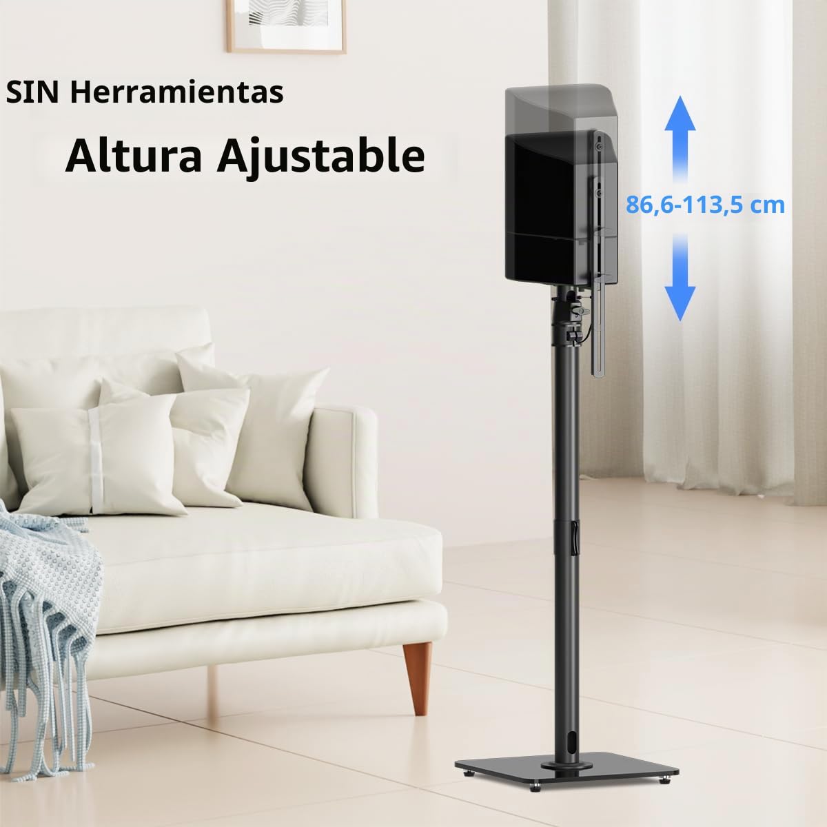 suptek Soportes de Suelo para Altavoces Envolventes: Par de Pies Regulables en Altura 86-113cm, Base de Vidrio Templado 30x30cm, Carga Máx. 10kg, Negro, SFM001