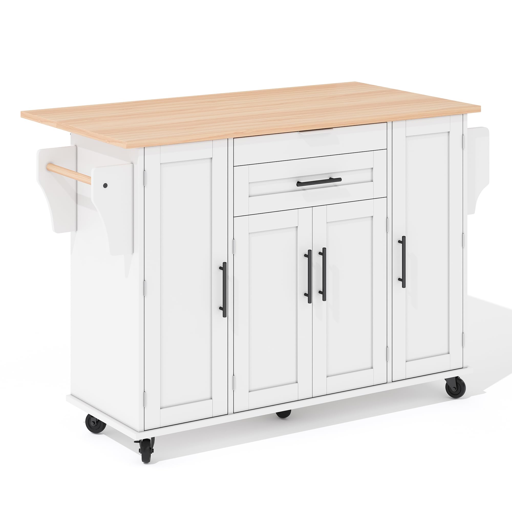 Isola da cucina indipendente con piano di lavoro pieghevole, carrello da cucina su 5 ruote, con ripiano e 2 cassetti, per cucina, sala da pranzo, 136 x 70 x 92 cm (bianco)
