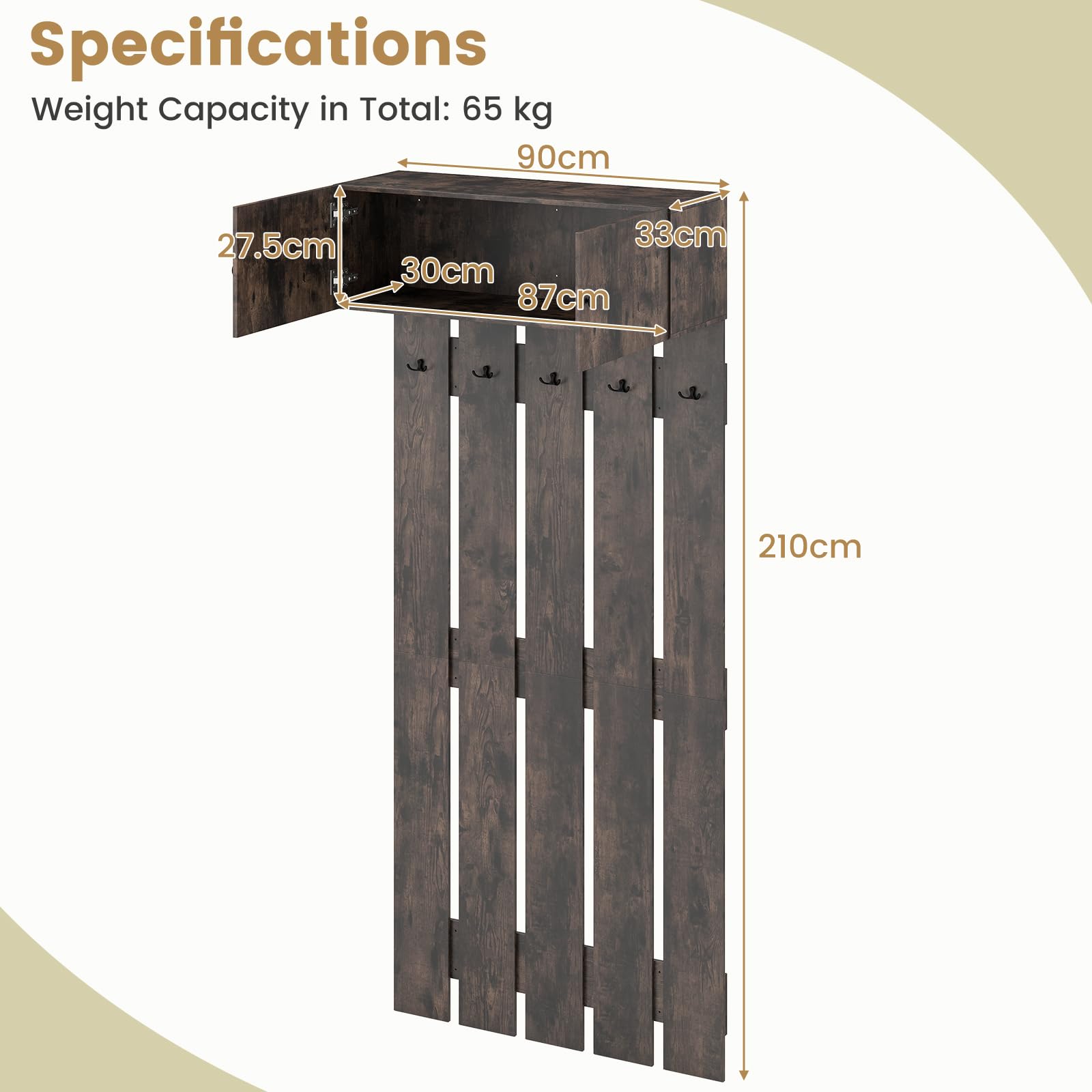 HOMASIS Recibidor Perchero de Pared, Mueble de Entrada con 5 Ganchos, Armario para Ropa con 2 Puertas, Organizador de Almacenaje para Habitación, Pasillo, 90x33x210cm (Café)