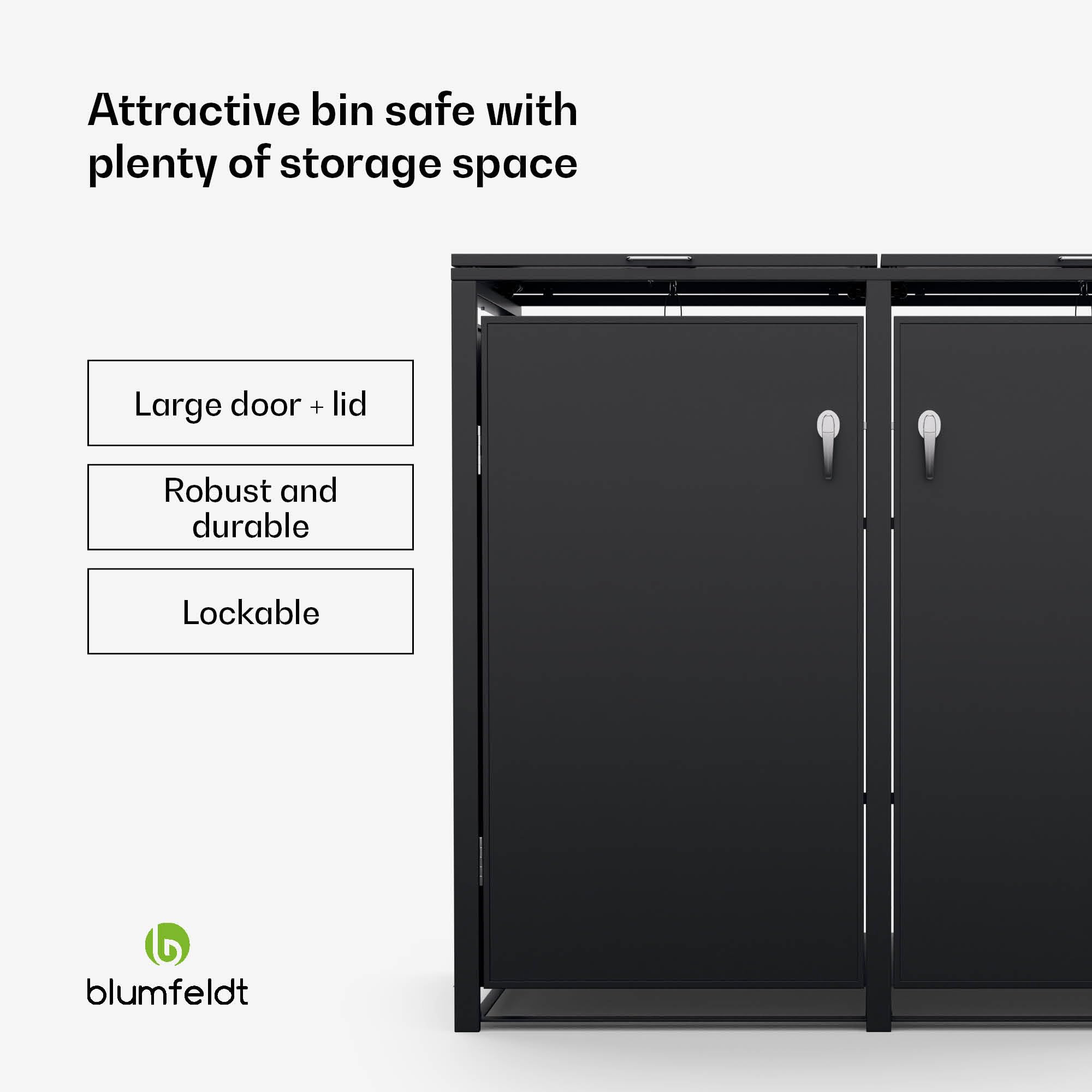 blumfeldt BinSafe Cache Poubelle extérieur – Acier galvanisé résistant, pour 2 bacs 60 L/120 L/240 L, femeture à clé, Design Moderne, abri à Poubelle Noir