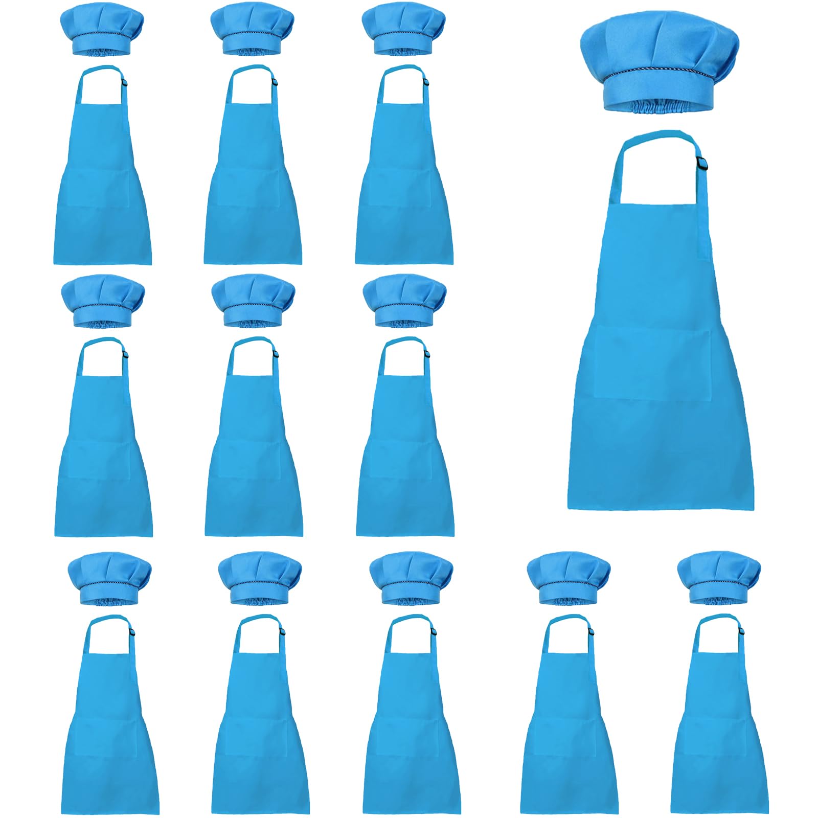 XIEJINJIA 12 Set Kids Apron and Chef Hat Child Waterproof Aprons Adjustable with 2 Pockets for Boys Girls Cooking Classroom Baking Painting Blue