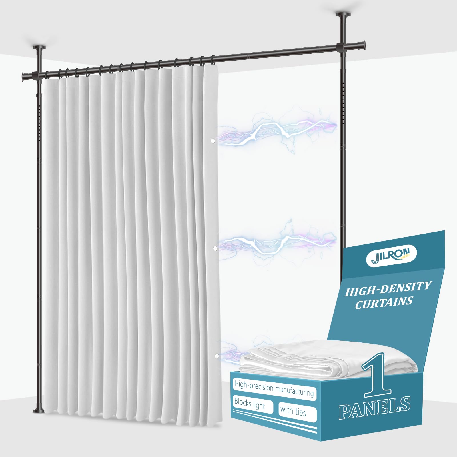 Photo 1 of JILRON No-Drill Partition Room Dividers Set: Includes 106" W x 84" L White Curtain & Adjustable Pole Brackets (35-100" W x 43-120" H Adjustable Range)