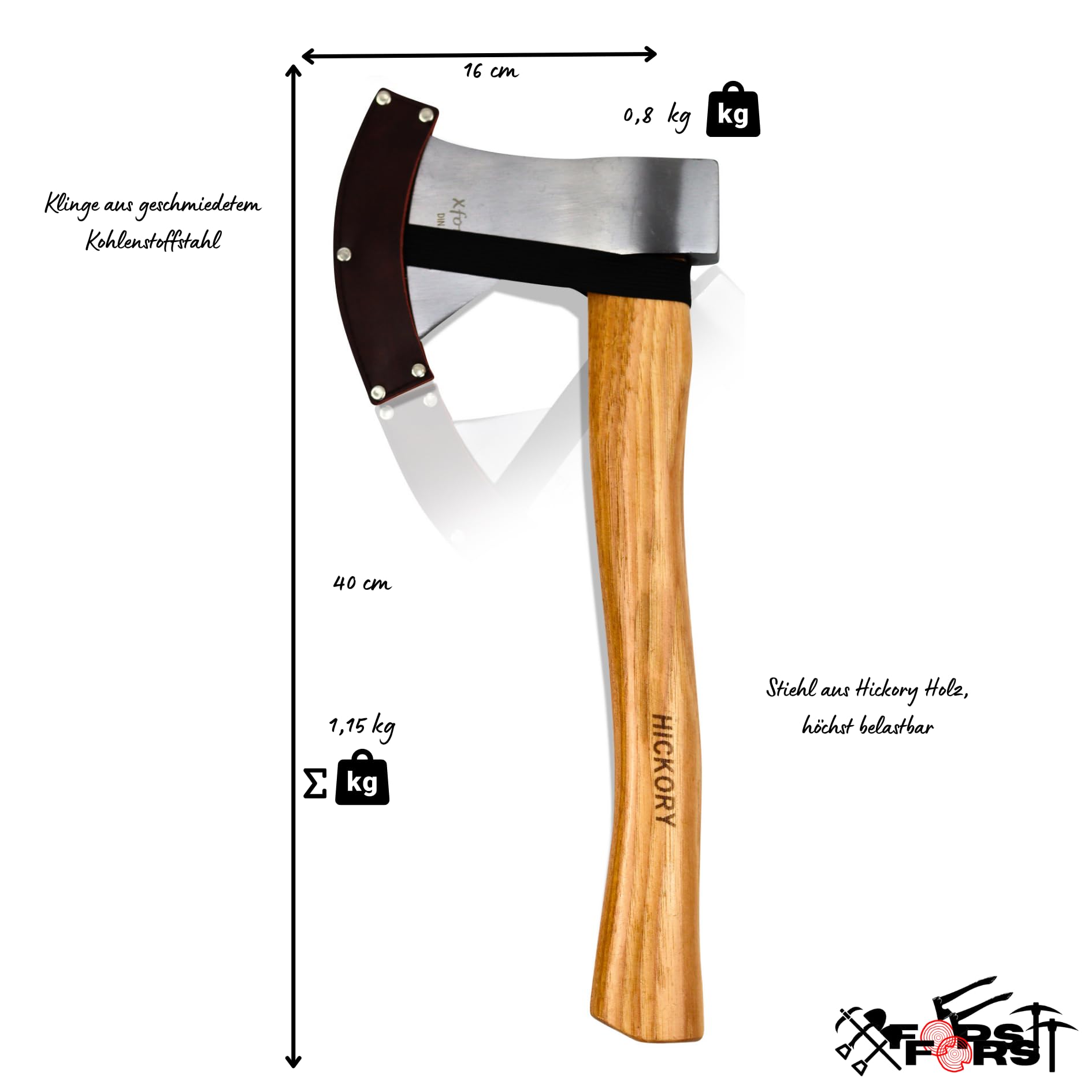 Hache 800 g Acier au Carbone Forgé Manche Bois Hickory X-UW800 Conforme DIN 5131 TÜV GS