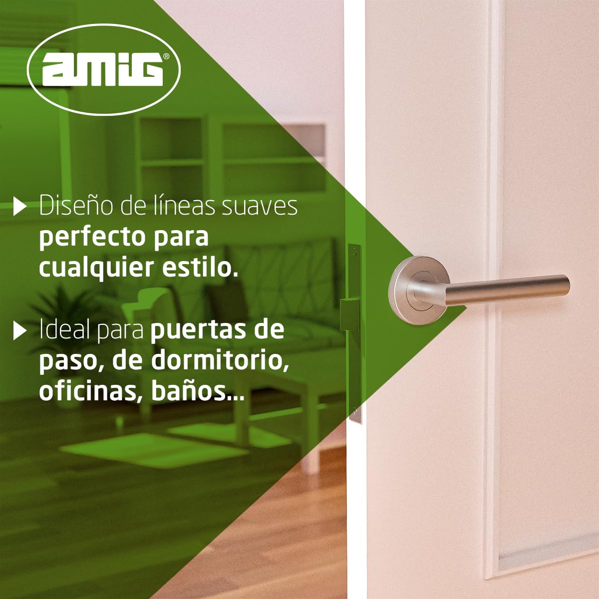 Amig - Pack de 5 Manillas con Roseta para Puertas | 136 x Ø19 mm | Diseño Elegante y Sencillo | Ideal para tu hogar u oficina | Acero inoxidable | Plateado Mate | Incluye Bocallave para Cilindros