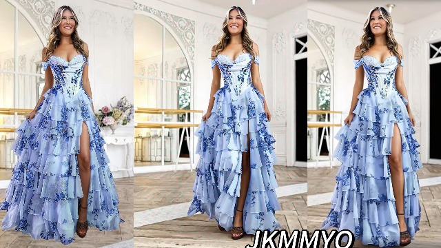 JKMMYO Tiered Floral Chiffon Prom Dress Long with Slit Blue