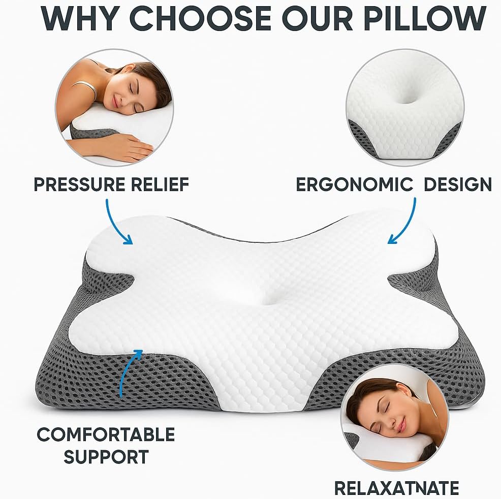 Zaira Memory Foam Pillow for Neck and Shoulder Pain – Orthopedic Contour Support for Side, Back & Stomach Sleepers – Ergonomic Cervical Pillow with Washable Cover – Breathable & Hypoallergenic