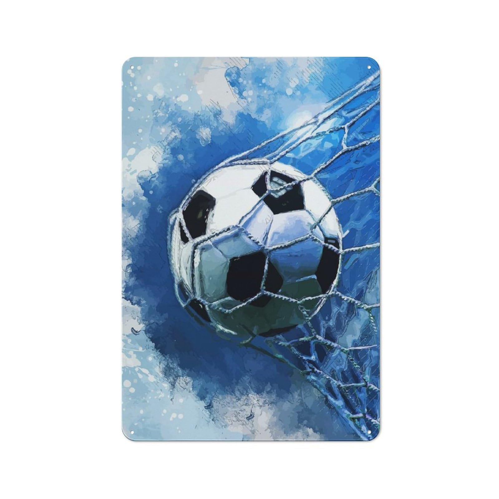 Junmoney Soccer Ball In Net, Blue Watercolor Bistro Style Tin Wall Sign 30X20cm, Shop Wall Decor For Takeaway, Bar, Kitchen Or Counter Area
